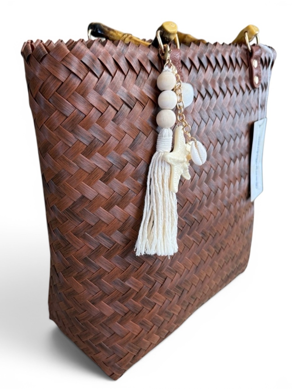 NWT Tommy Bahama Hand Woven Brown Beach Tote Bamboo Handles Starfish Tassel - Picture 4 of 14